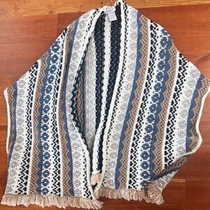Cocogio wool blend Striped Knit poncho with Fringe. One size fits all.